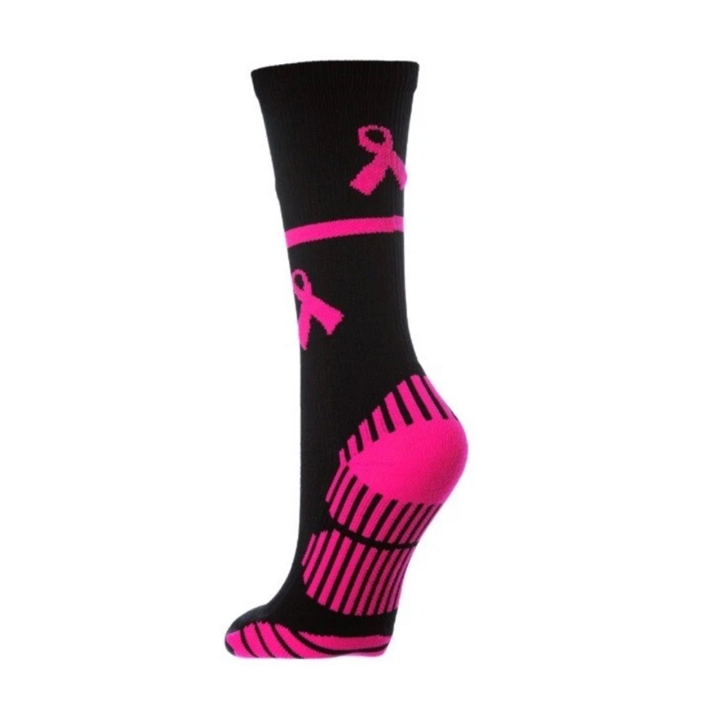 C.S.I. Breast Cancer Awareness Athletic Crew Socks Black Pink‎ Ribbon Womens L